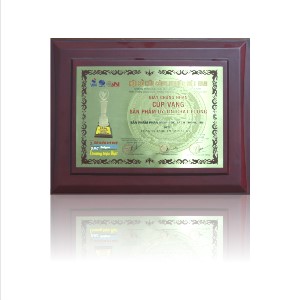 Giấy chứng nhận “Cúp vàng – Sản phẩm uy tín chất lượng” dành cho “Sản phẩm phần mềm bóc tách thông tin (DCS)”.