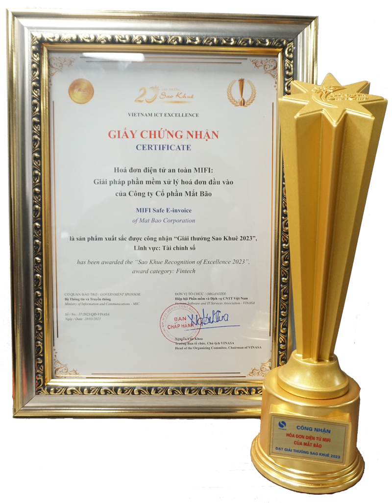 Giải thưởng Sao Khuê lĩnh vực tài chính số với Giải pháp Phần mềm xử lý hóa đơn đầu vào Matbao-invoice (trước đây là MIFI).